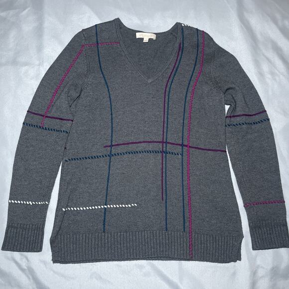 Etcetera Geometric Lines Sweater Size S 90s Gray Cotton Cashmere Blend Oversized - Picture 1 of 7